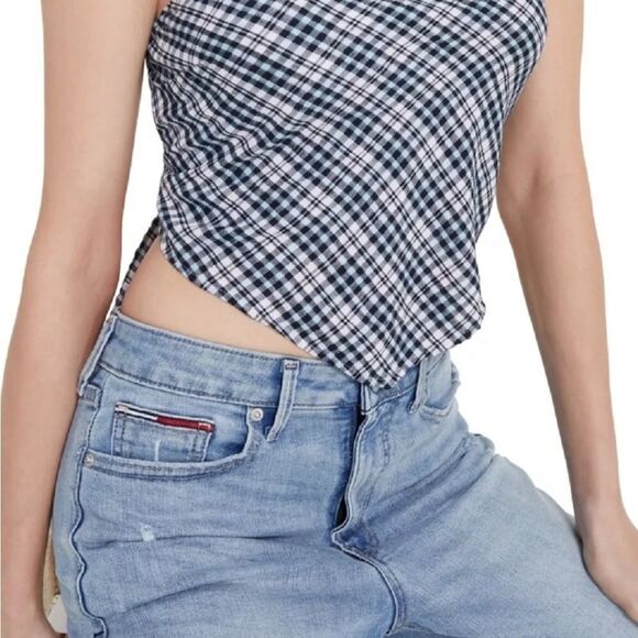 Tommy Jeans Women's Plaid Smocked Scarf Bandeau Top Blue Size Large - Picture 4 of 12